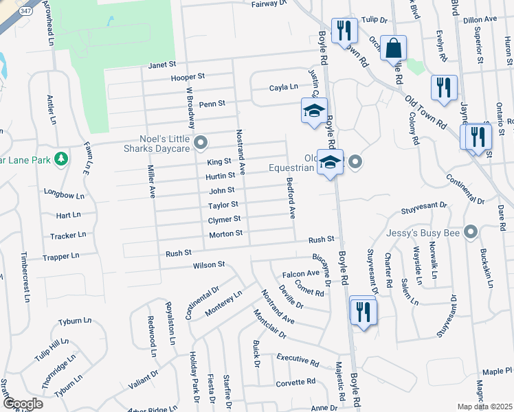 map of restaurants, bars, coffee shops, grocery stores, and more near 26 Taylor Street in Port Jefferson Station