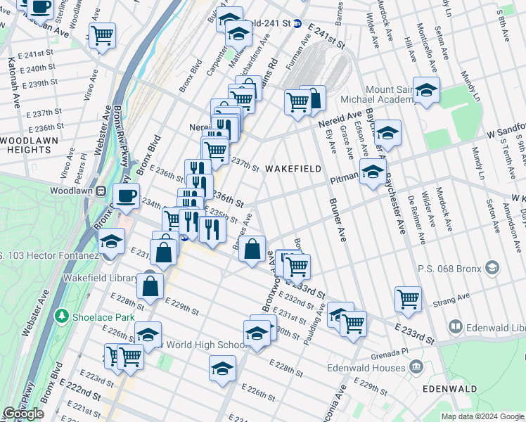 map of restaurants, bars, coffee shops, grocery stores, and more near 4244 Bronxwood Avenue in Bronx