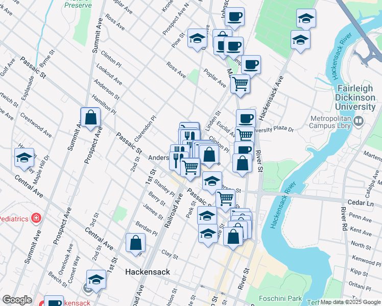 map of restaurants, bars, coffee shops, grocery stores, and more near 50 Linden Street in Hackensack