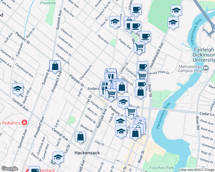 map of restaurants, bars, coffee shops, grocery stores, and more near 50 Linden Street in Hackensack
