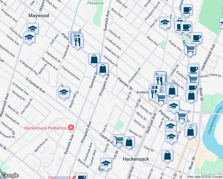 map of restaurants, bars, coffee shops, grocery stores, and more near 350 Prospect Avenue in Hackensack