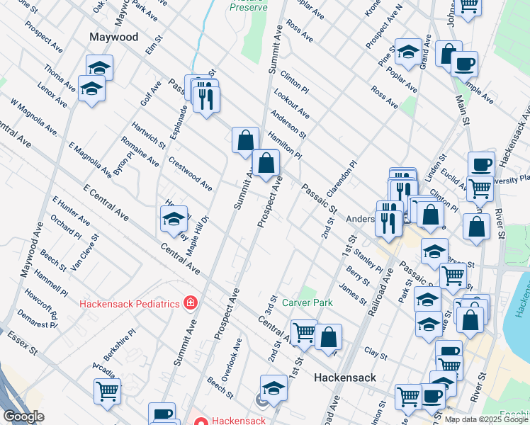map of restaurants, bars, coffee shops, grocery stores, and more near 350 Prospect Avenue in Hackensack