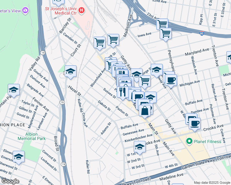 map of restaurants, bars, coffee shops, grocery stores, and more near 343 Sussex Street in Paterson