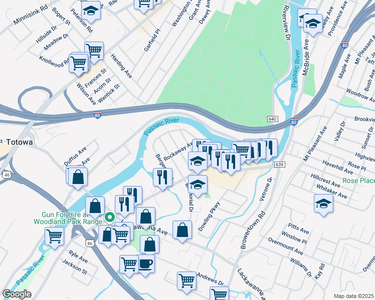 map of restaurants, bars, coffee shops, grocery stores, and more near 43 Pompton Avenue in Woodland Park