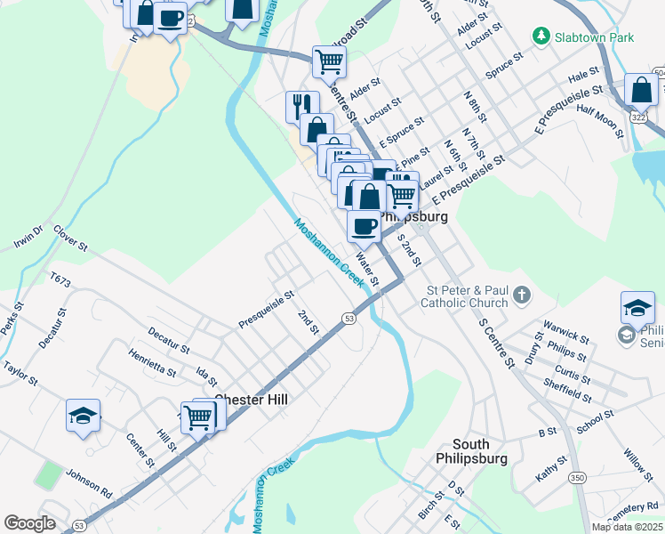 map of restaurants, bars, coffee shops, grocery stores, and more near 108 West Presqueisle Street in Philipsburg