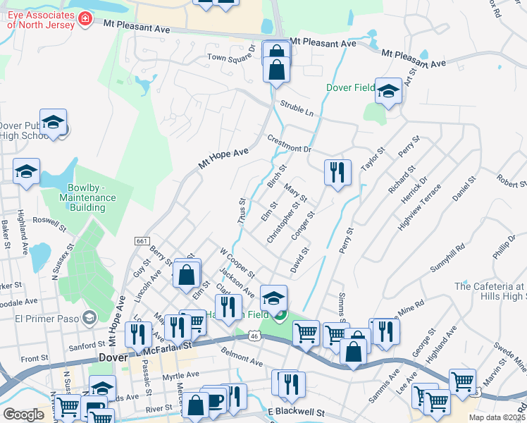 map of restaurants, bars, coffee shops, grocery stores, and more near 133 Elm Street in Dover