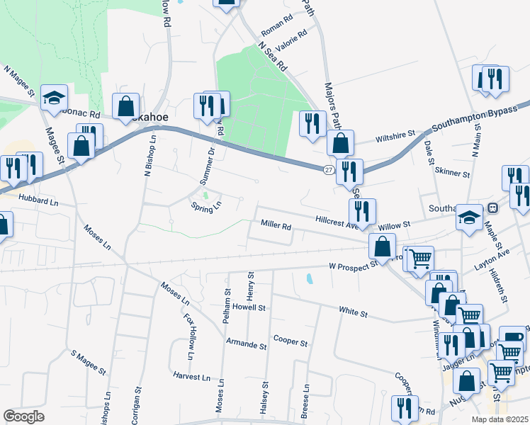 map of restaurants, bars, coffee shops, grocery stores, and more near 174 Hillcrest Avenue in Southampton