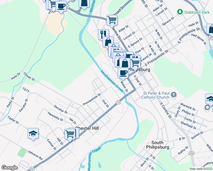 map of restaurants, bars, coffee shops, grocery stores, and more near 108 West Presqueisle Street in Philipsburg