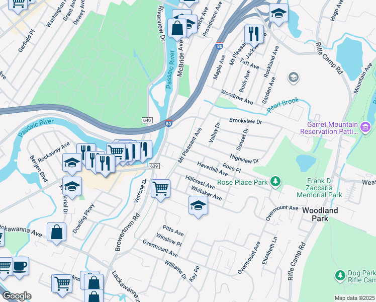 map of restaurants, bars, coffee shops, grocery stores, and more near 259 Mount Pleasant Avenue in Woodland Park