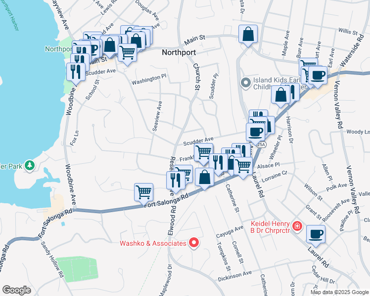 map of restaurants, bars, coffee shops, grocery stores, and more near 244 Scudder Ave in Northport