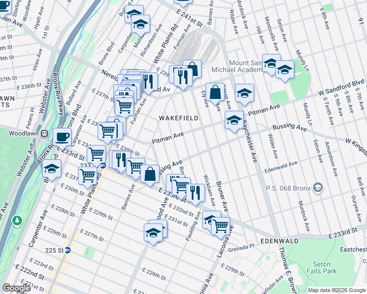 map of restaurants, bars, coffee shops, grocery stores, and more near 4229 Boyd Avenue in The Bronx