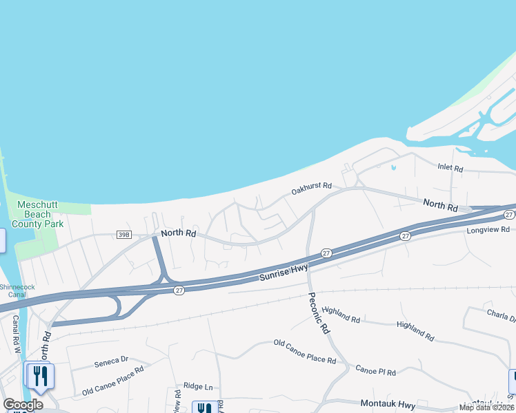 map of restaurants, bars, coffee shops, grocery stores, and more near 23 Oakhurst Road in Hampton Bays