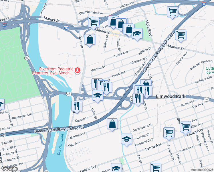 map of restaurants, bars, coffee shops, grocery stores, and more near 98 Fencsak Avenue in Elmwood Park