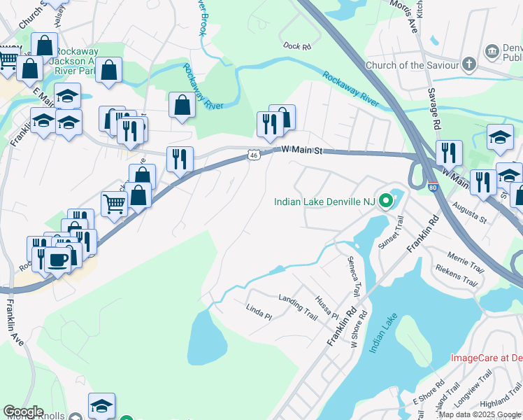 map of restaurants, bars, coffee shops, grocery stores, and more near 62 Woodstone Road in Rockaway