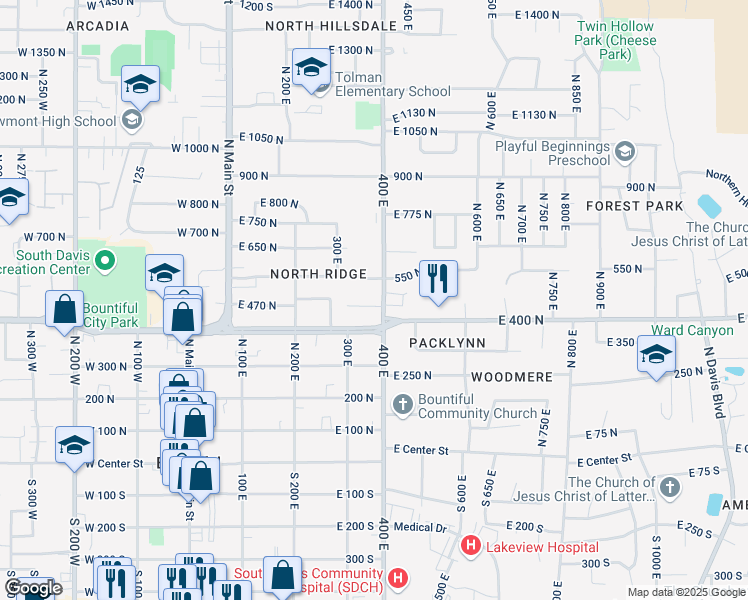 map of restaurants, bars, coffee shops, grocery stores, and more near 481 North 400 East in Bountiful