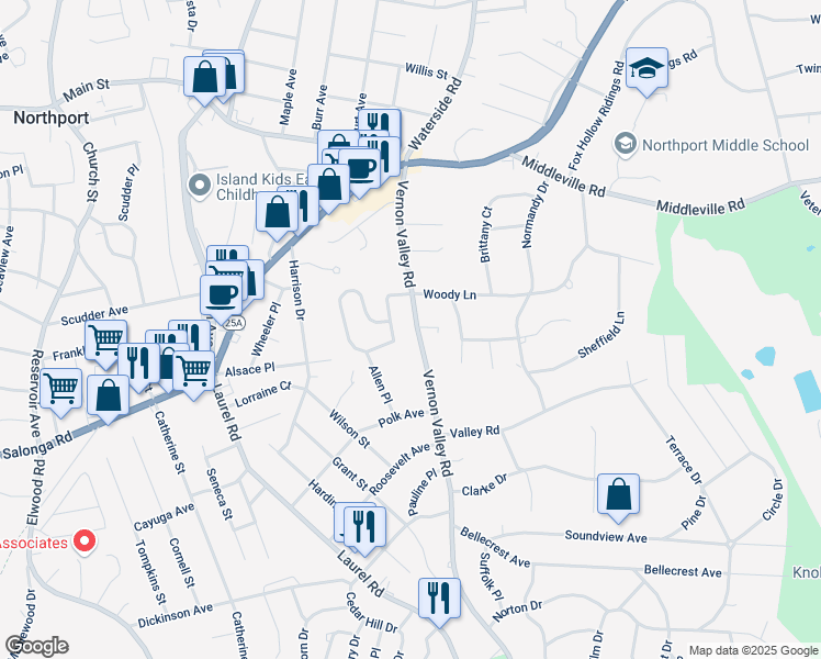 map of restaurants, bars, coffee shops, grocery stores, and more near 269 Vernon Valley Road in Northport