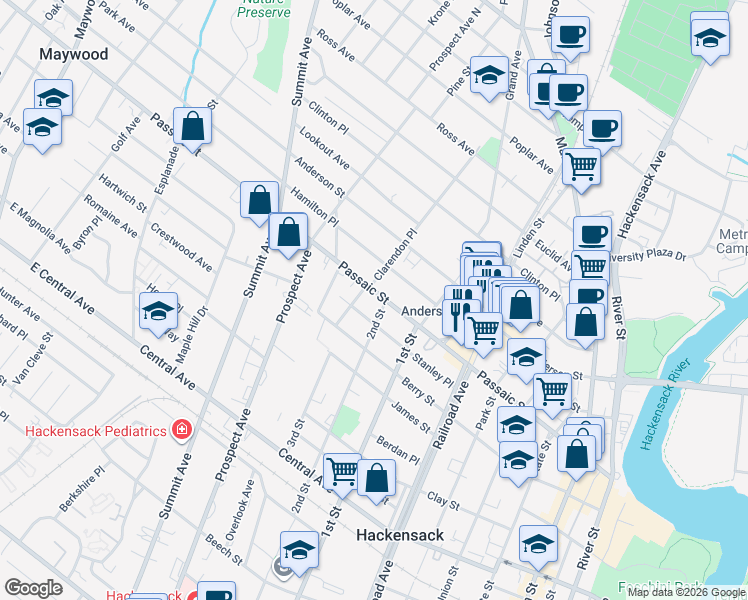 map of restaurants, bars, coffee shops, grocery stores, and more near 247 Passaic Street in Hackensack