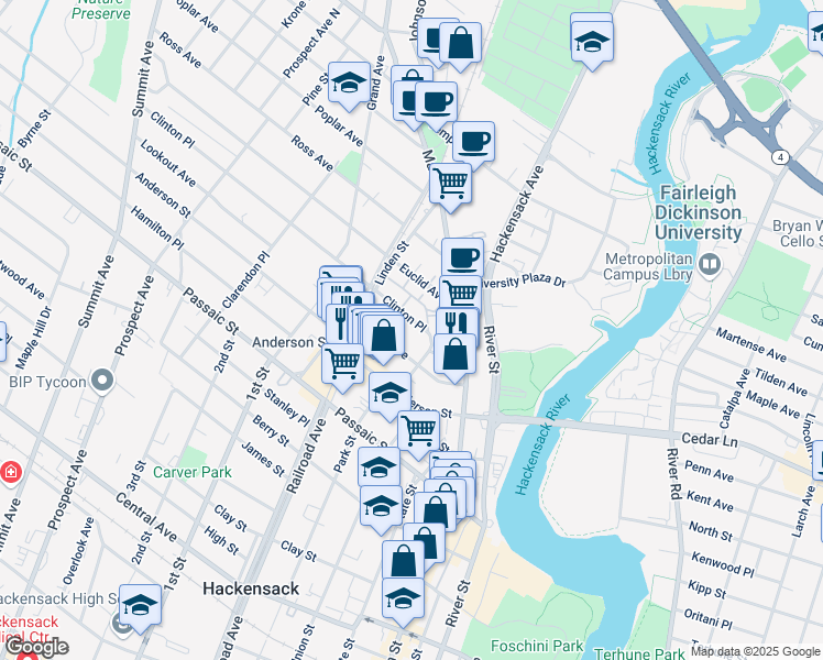 map of restaurants, bars, coffee shops, grocery stores, and more near 43 Clinton Place in Hackensack