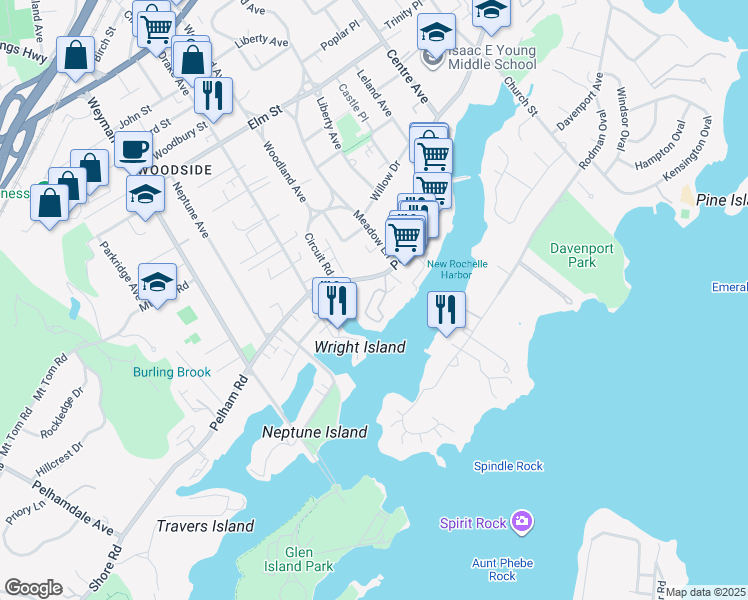 map of restaurants, bars, coffee shops, grocery stores, and more near 25 Shady Glen Court in New Rochelle