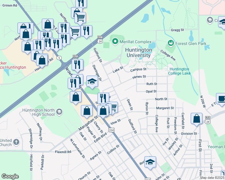 map of restaurants, bars, coffee shops, grocery stores, and more near 2030 Guilford Street in Huntington