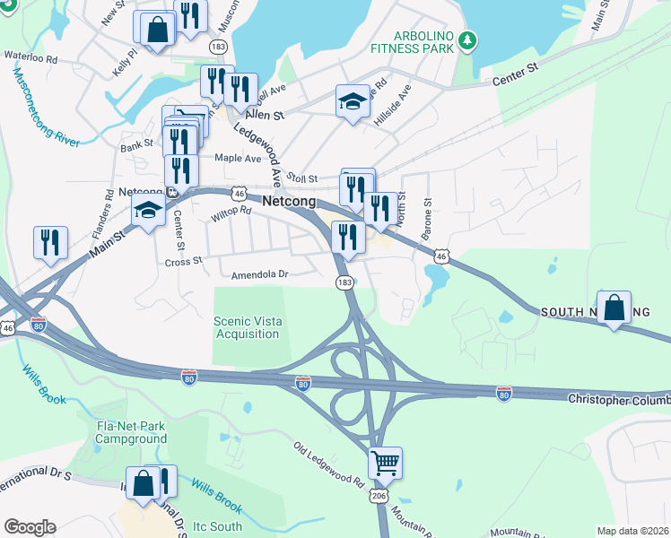 map of restaurants, bars, coffee shops, grocery stores, and more near 7 Post Road in Netcong