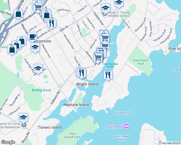 map of restaurants, bars, coffee shops, grocery stores, and more near 25 Shady Glen Court in New Rochelle