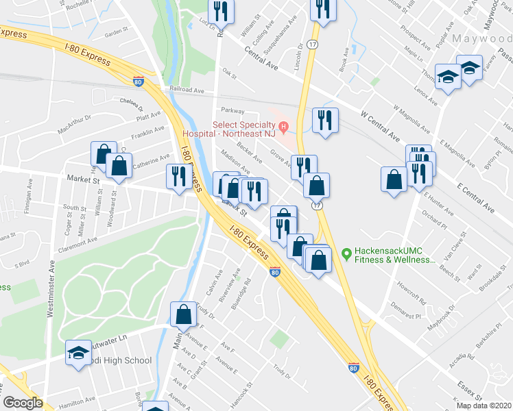 map of restaurants, bars, coffee shops, grocery stores, and more near 73 Lexington Avenue in Rochelle Park