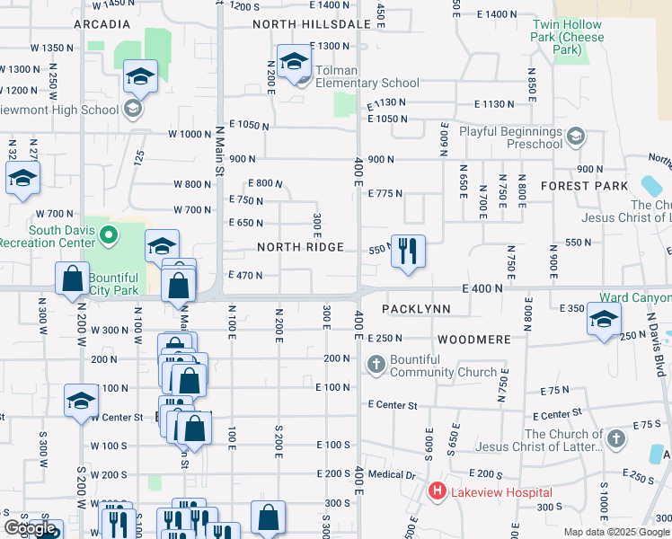 map of restaurants, bars, coffee shops, grocery stores, and more near 481 North 400 East in Bountiful