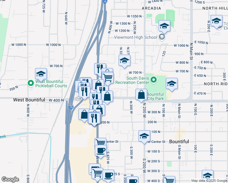 map of restaurants, bars, coffee shops, grocery stores, and more near 392 West 400 North in Bountiful