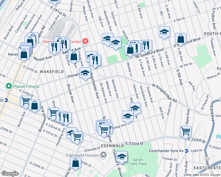 map of restaurants, bars, coffee shops, grocery stores, and more near 4136 Wilder Avenue in Bronx