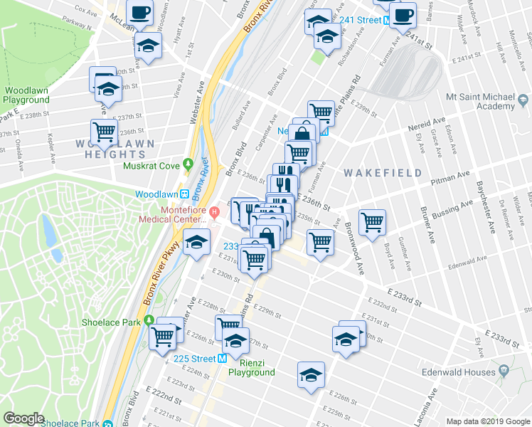 map of restaurants, bars, coffee shops, grocery stores, and more near 658 East 234th Street in The Bronx