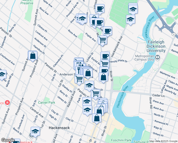 map of restaurants, bars, coffee shops, grocery stores, and more near 89 Maple Avenue in Hackensack