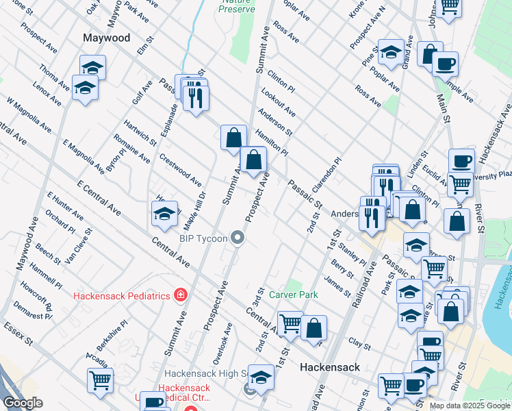 map of restaurants, bars, coffee shops, grocery stores, and more near 350 Prospect Avenue in Hackensack