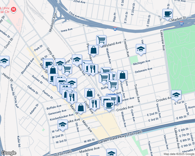 map of restaurants, bars, coffee shops, grocery stores, and more near 290 Pennsylvania Avenue in Paterson