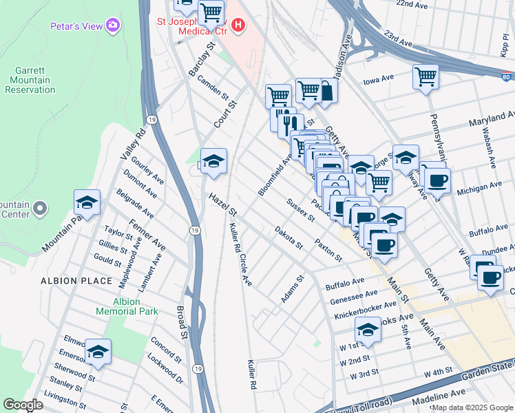 map of restaurants, bars, coffee shops, grocery stores, and more near 275 Dakota Street in Paterson