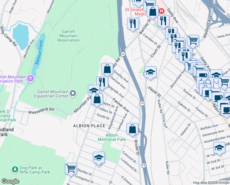 map of restaurants, bars, coffee shops, grocery stores, and more near 93 Belgrade Avenue in Clifton