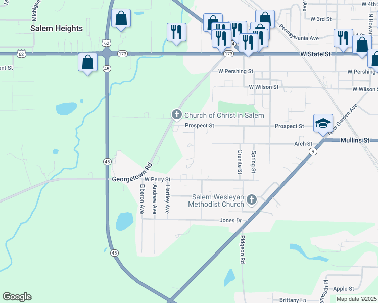 map of restaurants, bars, coffee shops, grocery stores, and more near 1133 Prospect Street in Salem