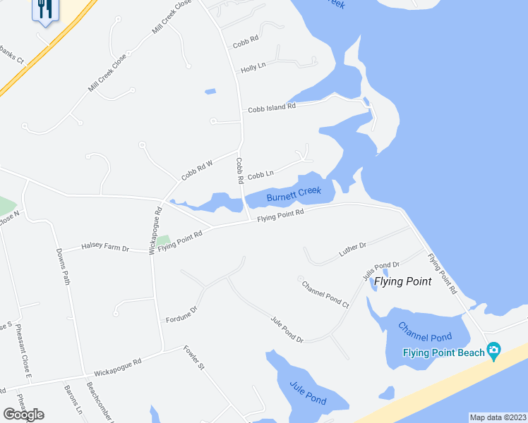 map of restaurants, bars, coffee shops, grocery stores, and more near 568 Flying Point Road in Water Mill