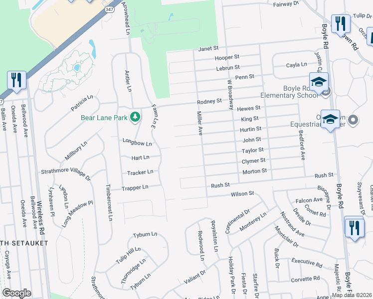 map of restaurants, bars, coffee shops, grocery stores, and more near 12 John Street in Port Jefferson Station