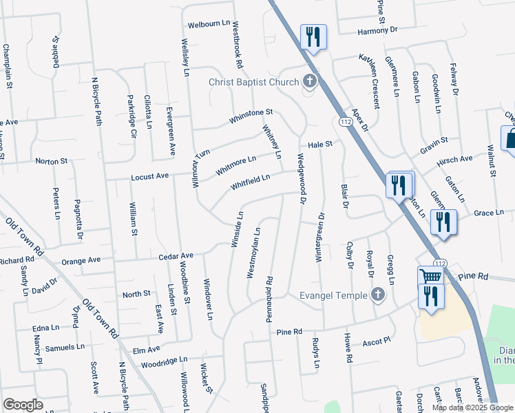 map of restaurants, bars, coffee shops, grocery stores, and more near 36 Westmoylan Lane in Coram