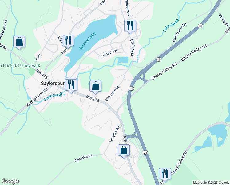map of restaurants, bars, coffee shops, grocery stores, and more near 122 East Terrace Drive in Saylorsburg