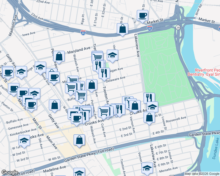 map of restaurants, bars, coffee shops, grocery stores, and more near 363 Buffalo Avenue in Paterson