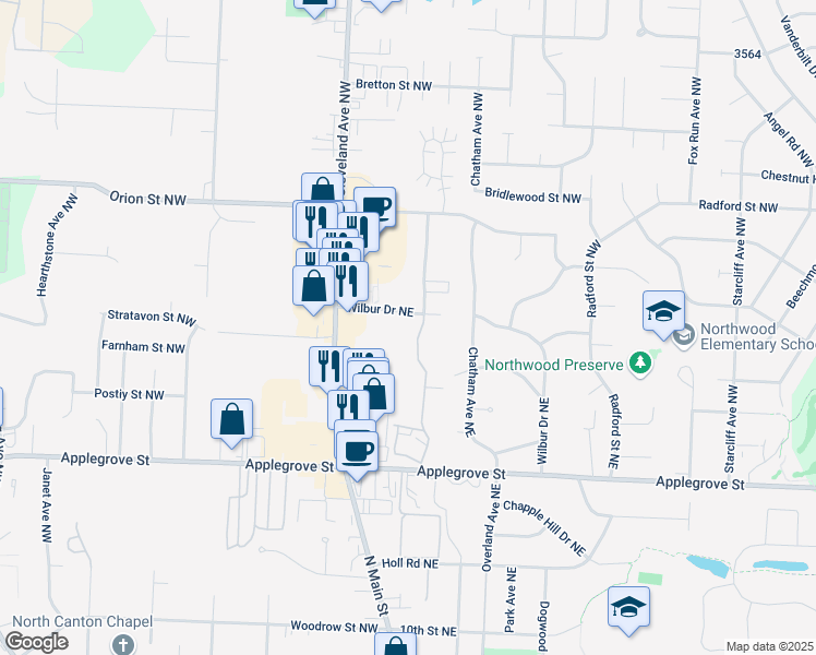 map of restaurants, bars, coffee shops, grocery stores, and more near 1685 Beechwood Avenue Northeast in North Canton
