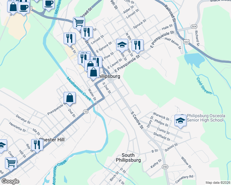 map of restaurants, bars, coffee shops, grocery stores, and more near 225 South Centre Street in Philipsburg