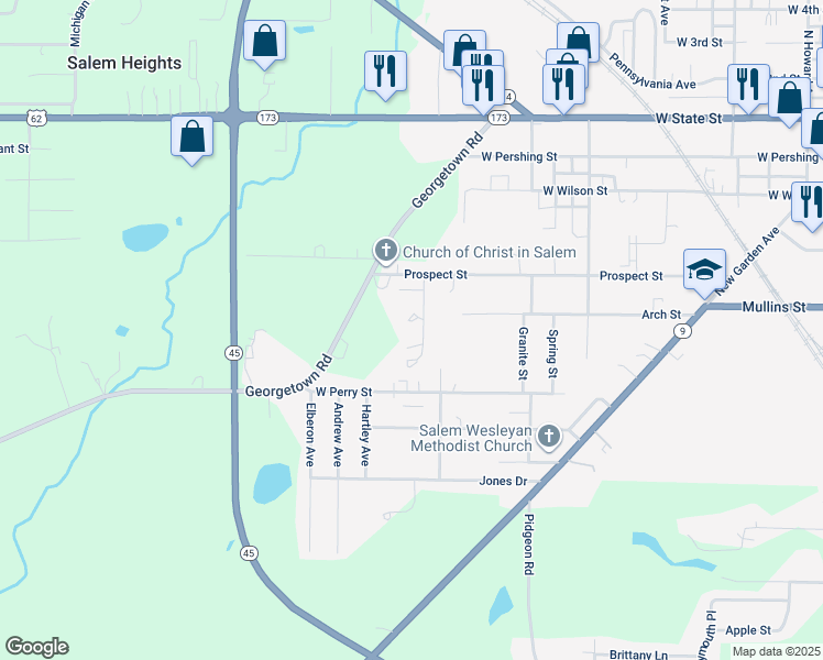 map of restaurants, bars, coffee shops, grocery stores, and more near 1133 Prospect Street in Salem