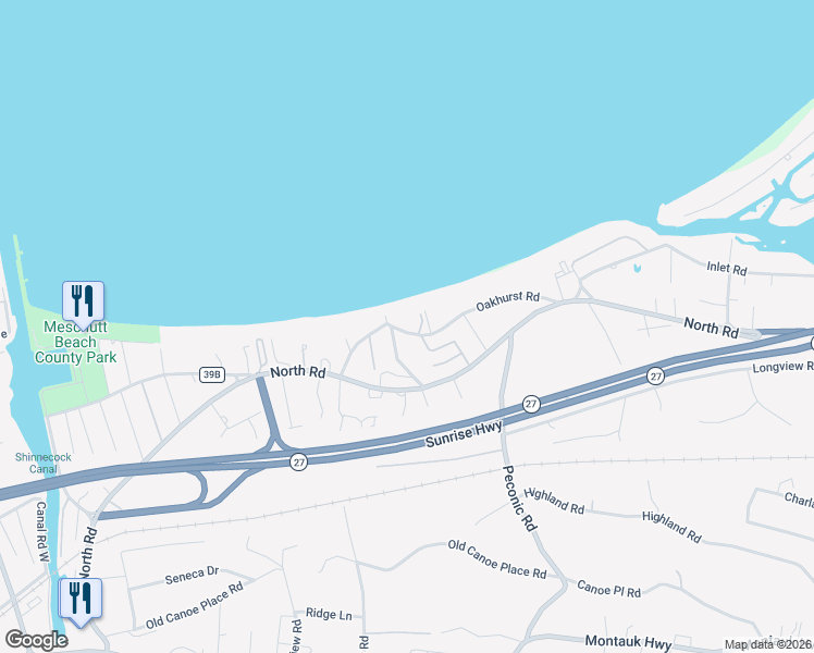 map of restaurants, bars, coffee shops, grocery stores, and more near 17C Oakhurst Road in Hampton Bays