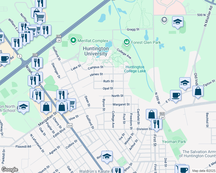 map of restaurants, bars, coffee shops, grocery stores, and more near 1844 College Avenue in Huntington