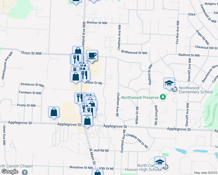 map of restaurants, bars, coffee shops, grocery stores, and more near 1660 Beechwood Avenue Northeast in North Canton