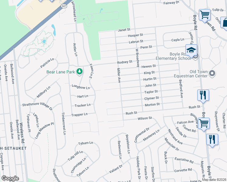 map of restaurants, bars, coffee shops, grocery stores, and more near 12 John Street in Port Jefferson Station
