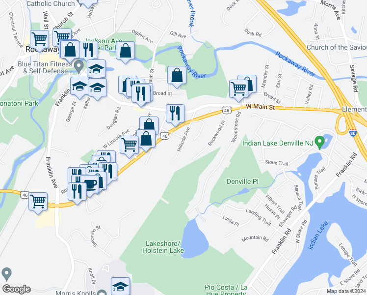 map of restaurants, bars, coffee shops, grocery stores, and more near 8 Hillside Avenue in Rockaway
